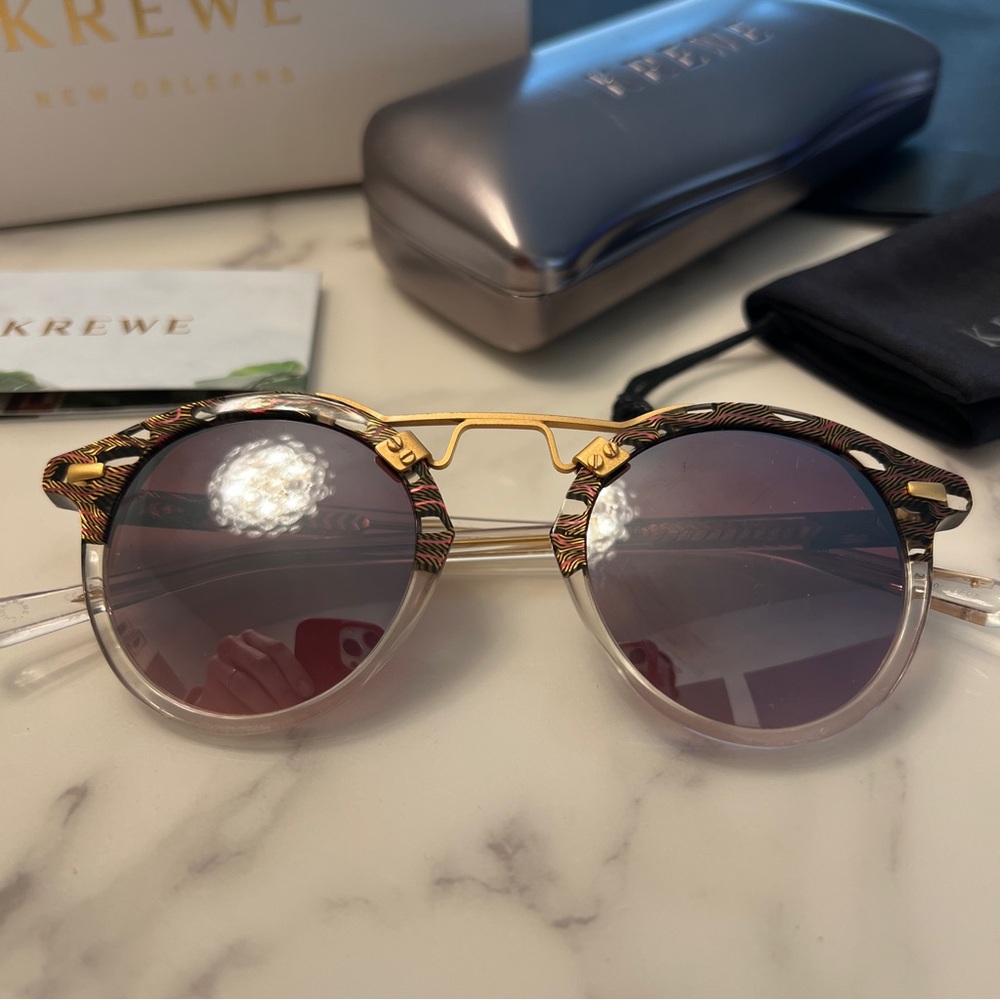 KREWE St. Louis Round Sunglasses with Mirror Lenses and Gold Detail